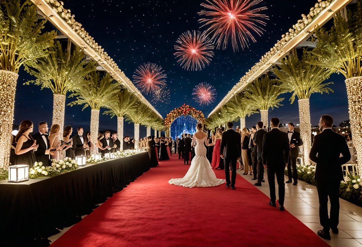 A glittering gala night scene, featuring elegantly dressed guests mingling under a starry sky, surrounded by twinkling lights and luxurious decor. In the foreground, a statue of a prestigious award gleams, while photographers capture the joyous moments of celebration. An aura of excitement fills the air with a red carpet leading to the event. The overall atmosphere should reflect glamour and celebration. super-realistic. vibrant colors. 3D.