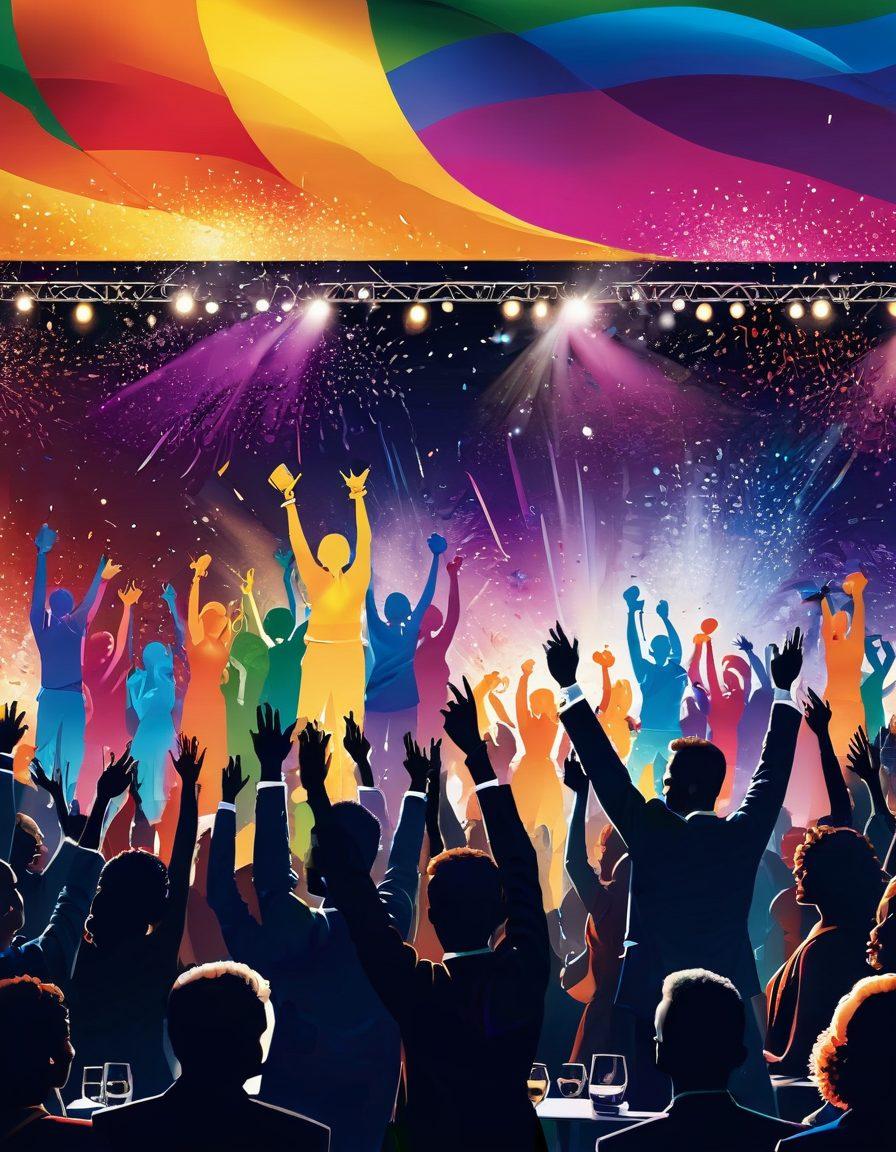 A vibrant collage showcasing a diverse crowd at an achievement awards ceremony, with glamorous trophies and medals sparkling under stage lights. Include iconic silhouettes of renowned figures receiving accolades and a backdrop of a large banner reading 'Achievement Awards'. Capture the emotions of joy and inspiration, with a focus on the applause and celebration. dynamic lighting, rich colors, and refined elegance.